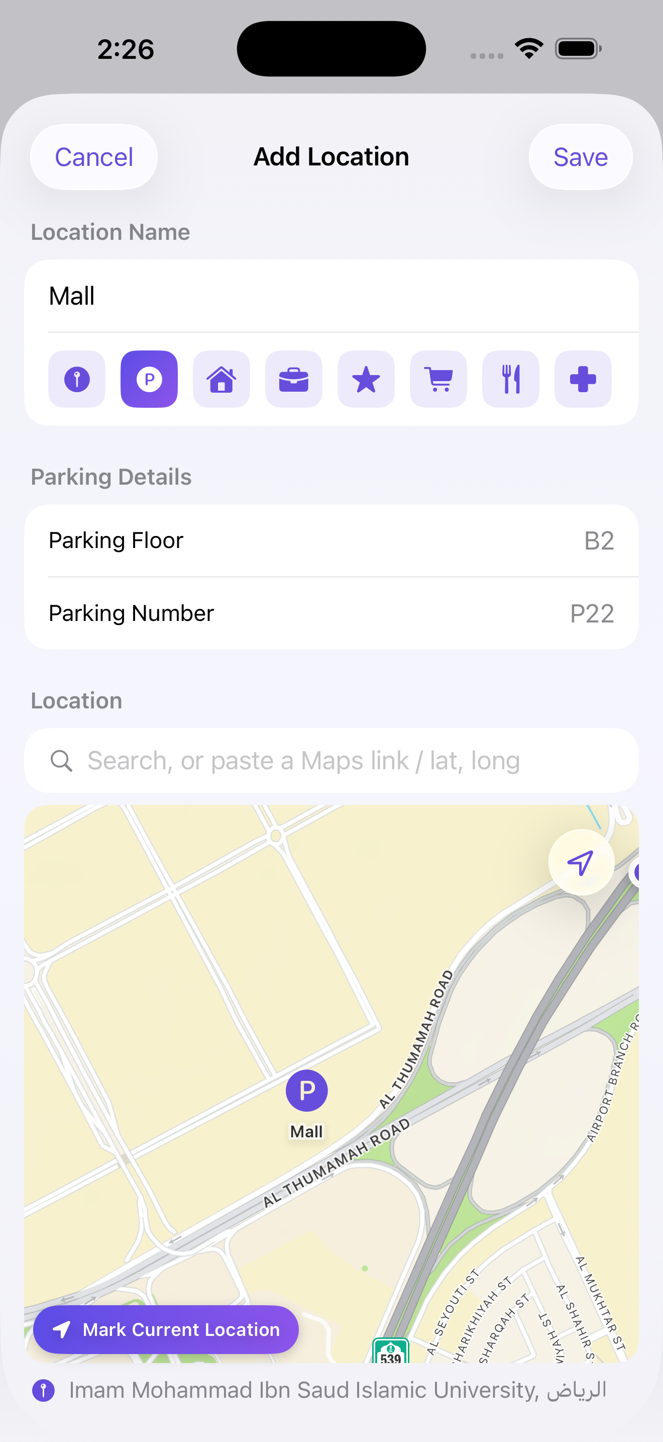 Add a saved location with a name, icon and map pin