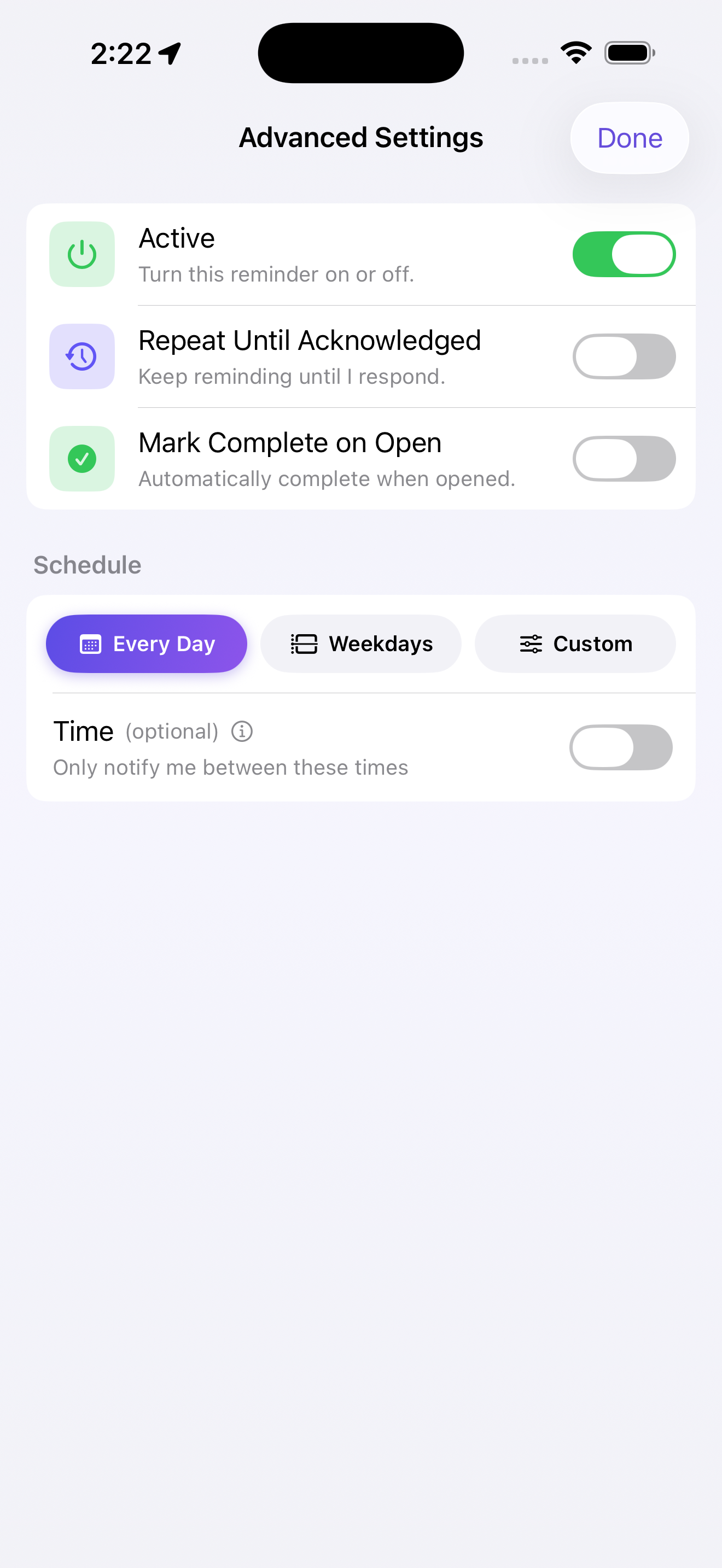 Advanced Settings with Active, Repeat Until Acknowledged, Mark Complete on Open and schedule controls