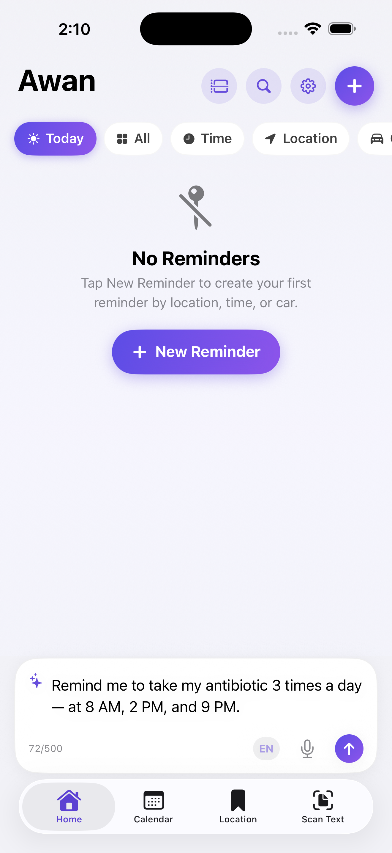 Awan home screen with the Create with AI bar