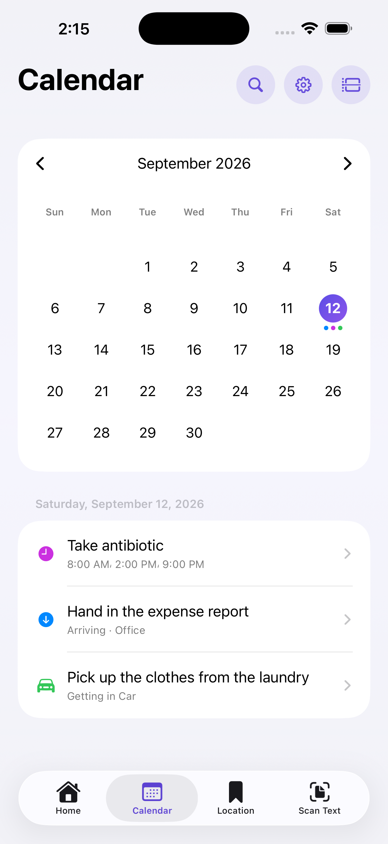 Calendar view showing location, time and car reminders for a selected day