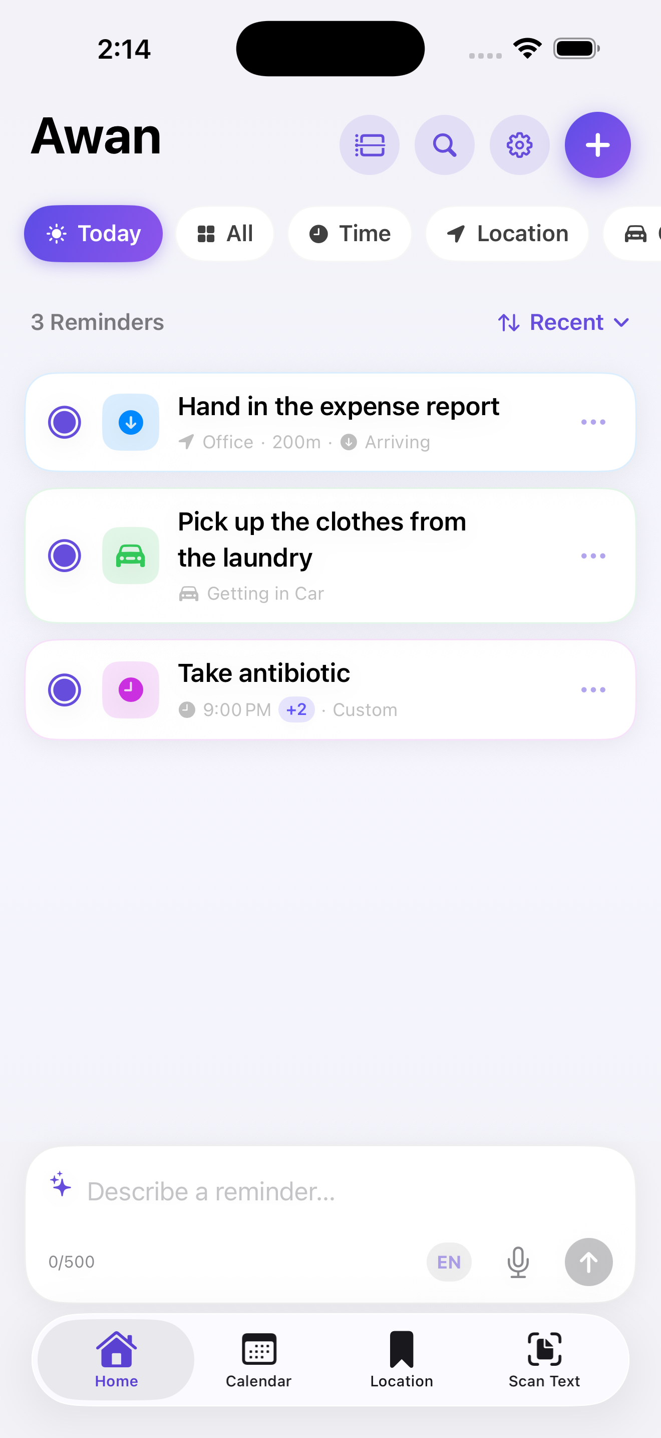 Awan app — reminders home screen