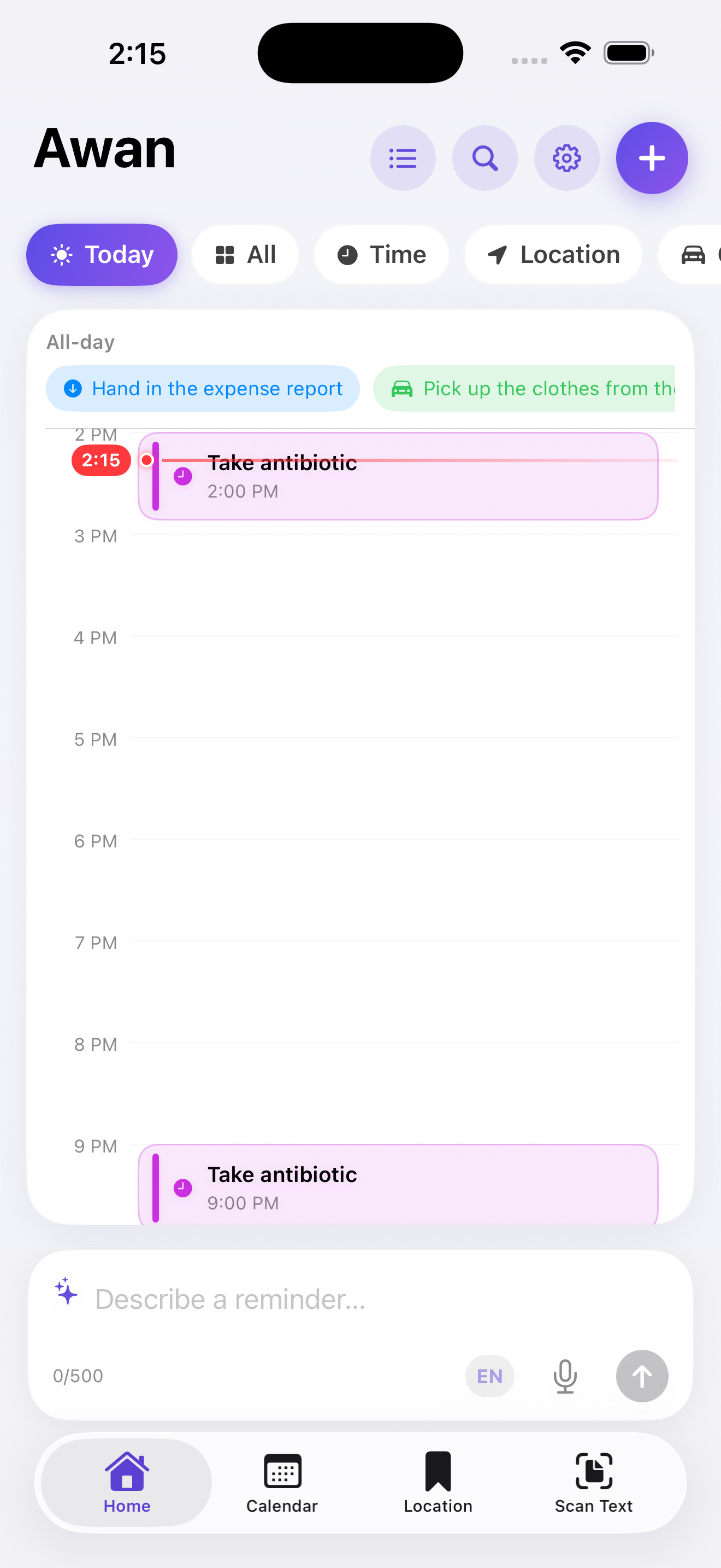 Awan timeline view showing all-day and timed reminders