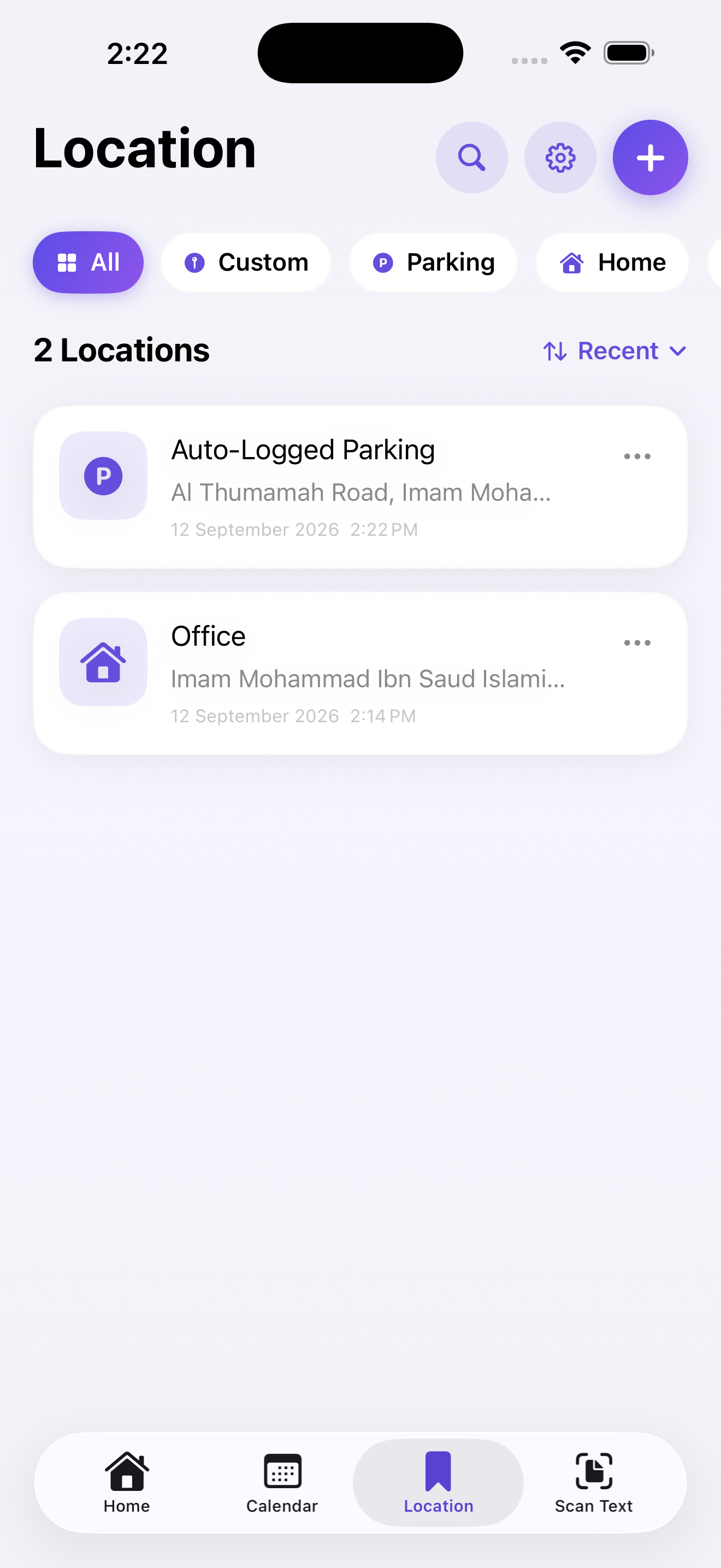 Saved Locations list with Auto-Logged Parking and Office
