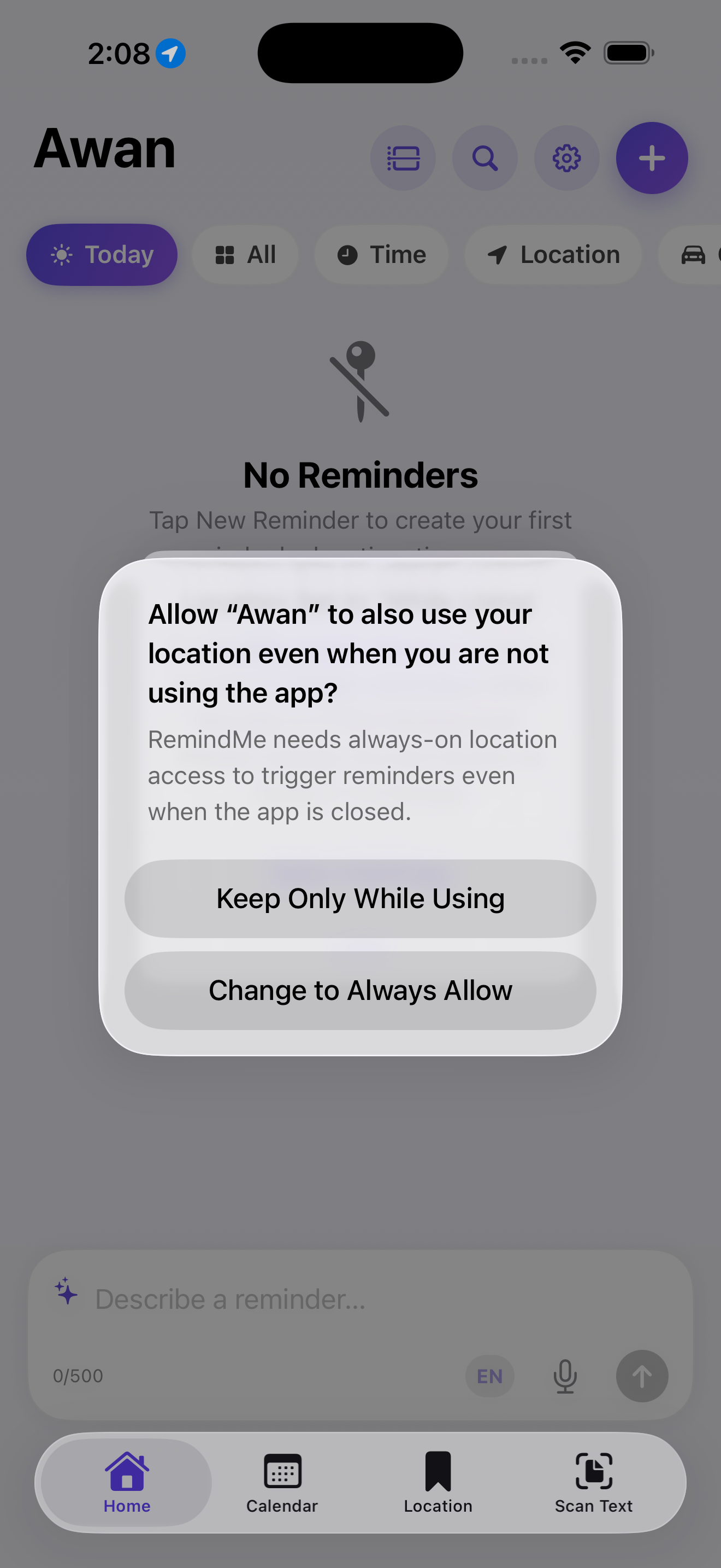 Awan background location prompt with Change to Always Allow option