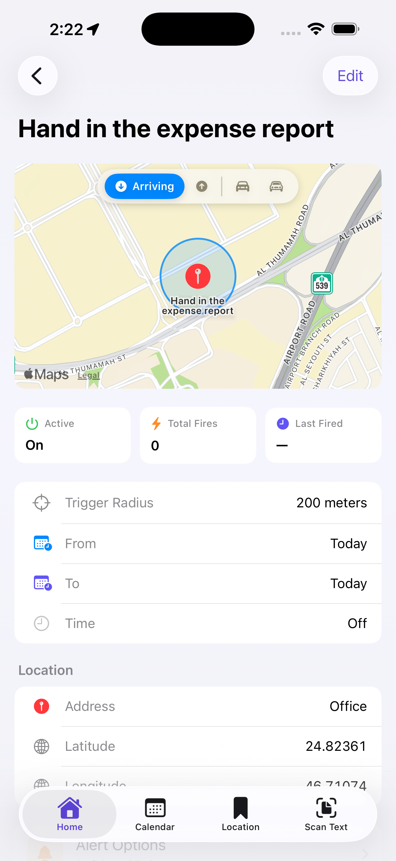 Location reminder details with map, radius circle and Arriving or Leaving control