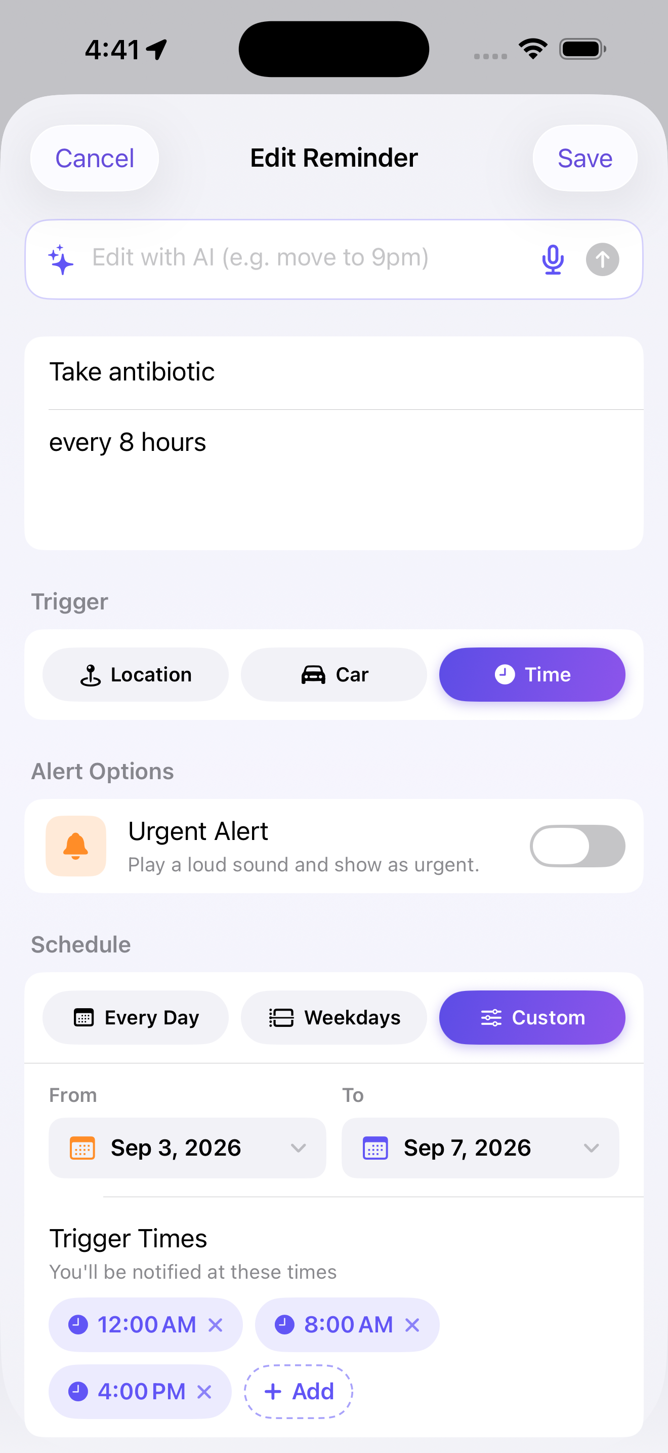 New reminder editor — title, urgent alert, schedule and trigger times