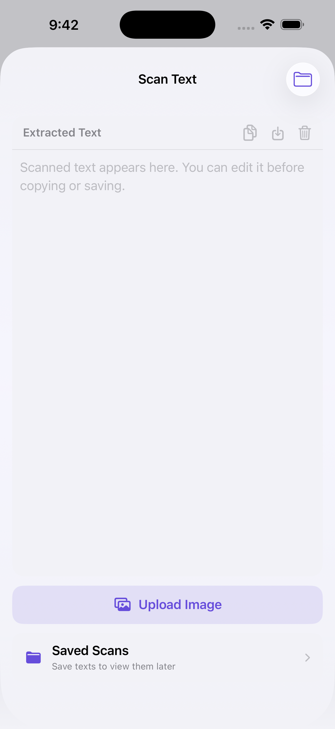 Scan Text screen with extracted text, upload image and saved scans