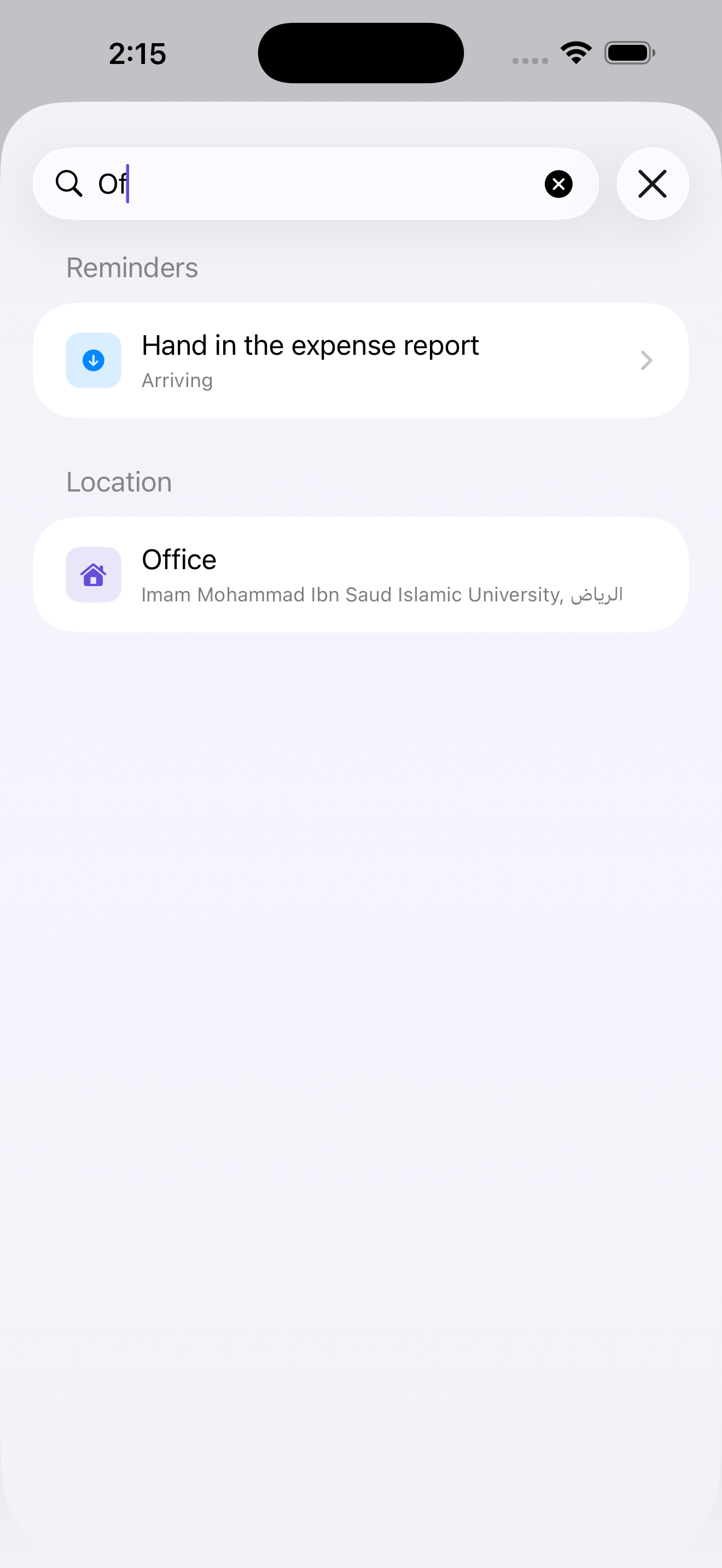 Awan search results showing a matching reminder and saved location