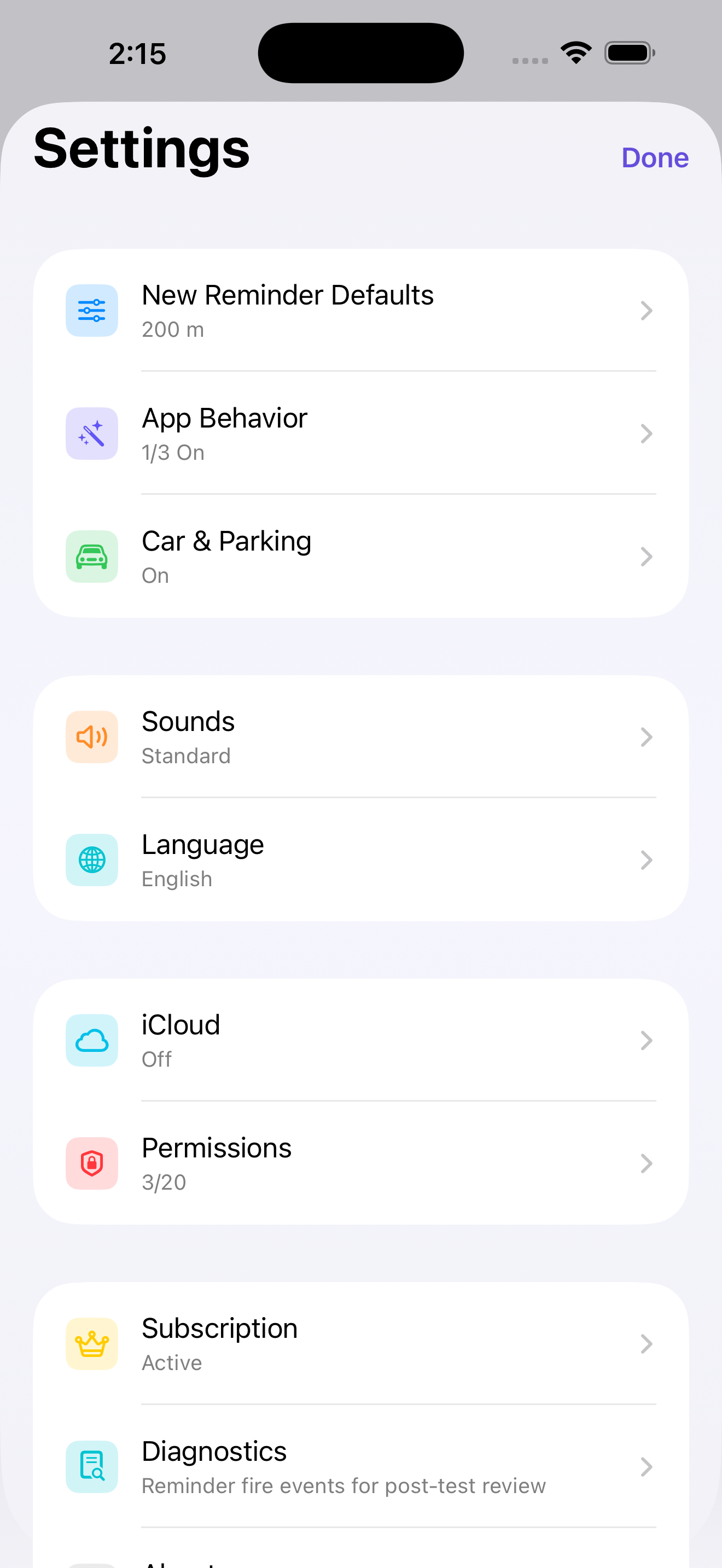 Current Awan Settings screen