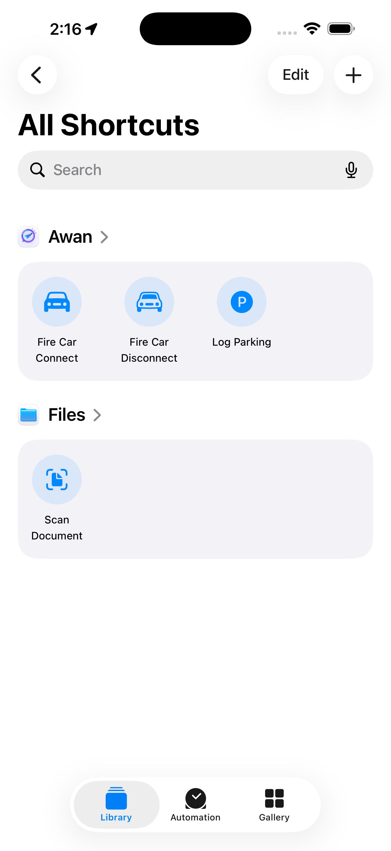 Awan actions in Shortcuts: Fire Car Connect, Fire Car Disconnect and Log Parking