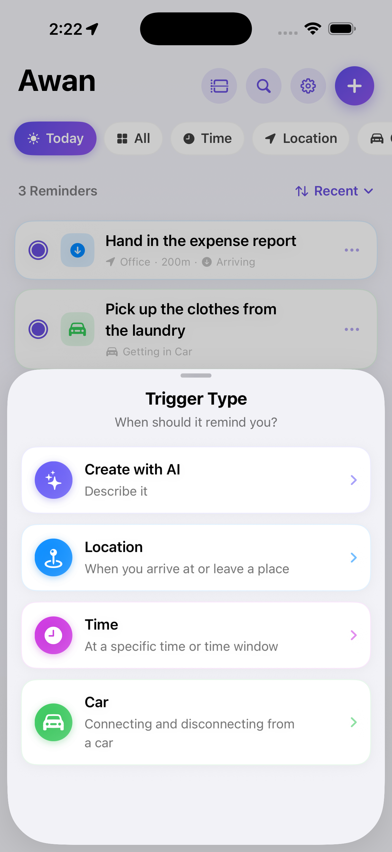 Trigger Type sheet — Create with AI, Location, Time, Car