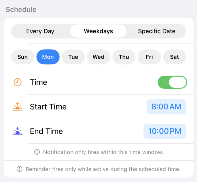 Schedule and time window options