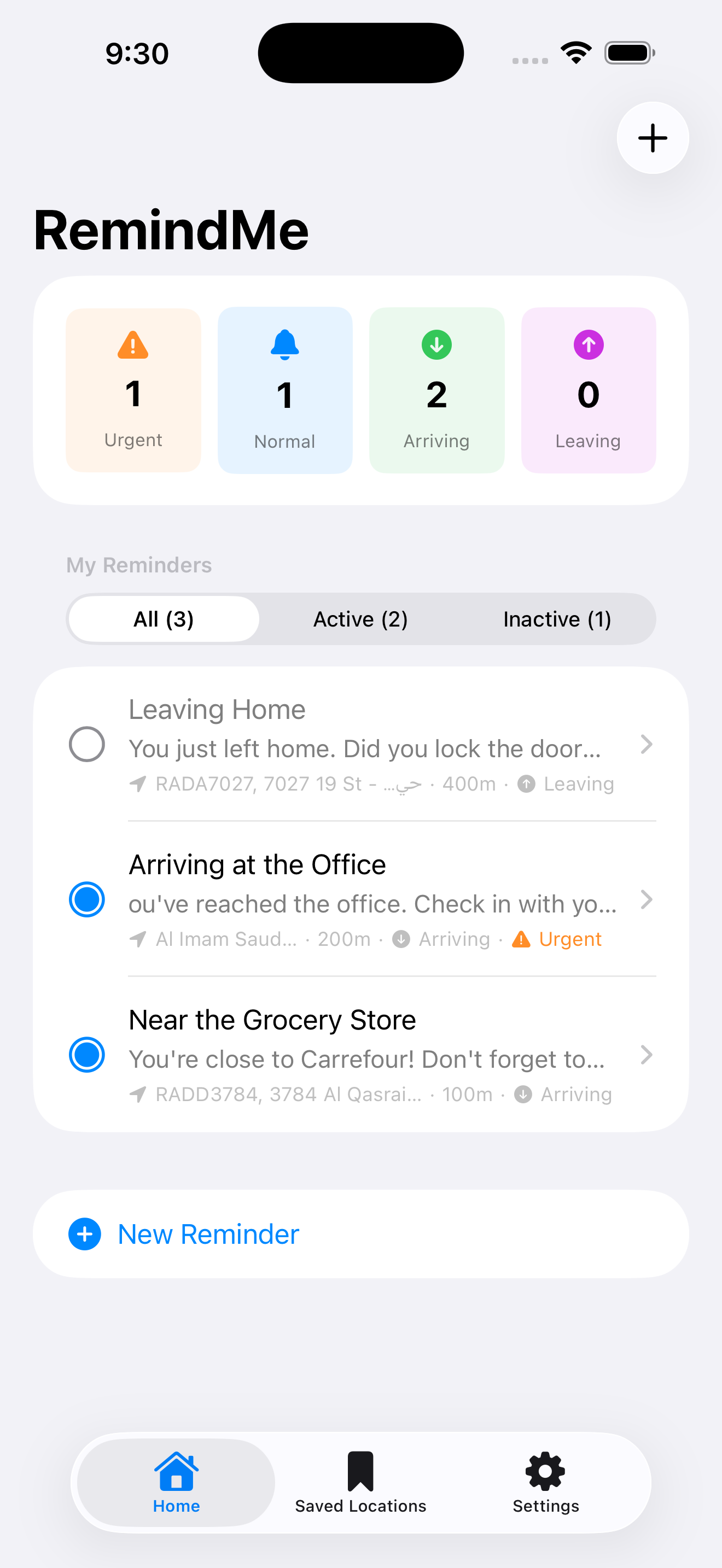 RemindMe app — reminders screen